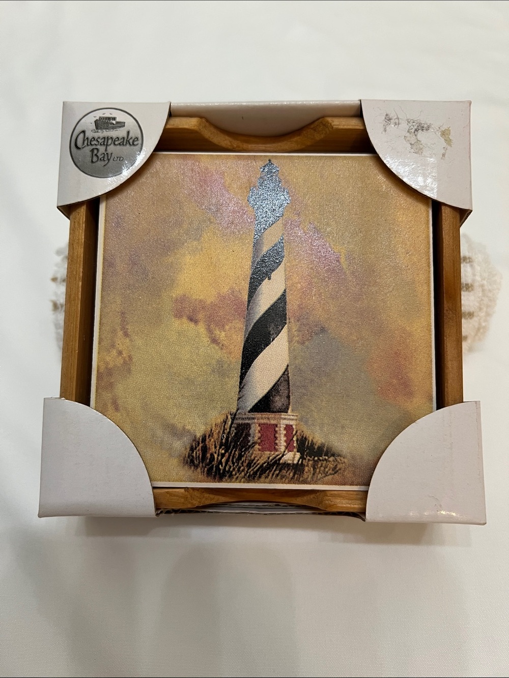 Chesapeake Bay Set of 4 Piece Stone/Ceramic Lighthouse  Coaster Set Wooden Base